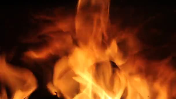 Leña en un fuego ardiente. Vista de cerca de una llama chispeante en una estufa, chimenea. Lenguas de fuego de color amarillo anaranjado en la chimenea por la noche, por la noche. Imágenes de vídeo abstractas. Ambiente acogedor en casa. — Vídeo de stock