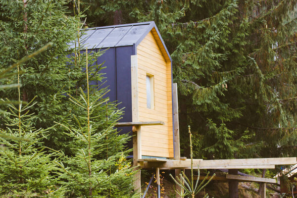 Современный коттедж в сосновом лесу среди вечнозеленых деревьев в дневное время. Современное здание строителя из сэндвич-панелей в зеленом лесу. Новый модульный внешний вид жилого дома. Модульная архитектура 