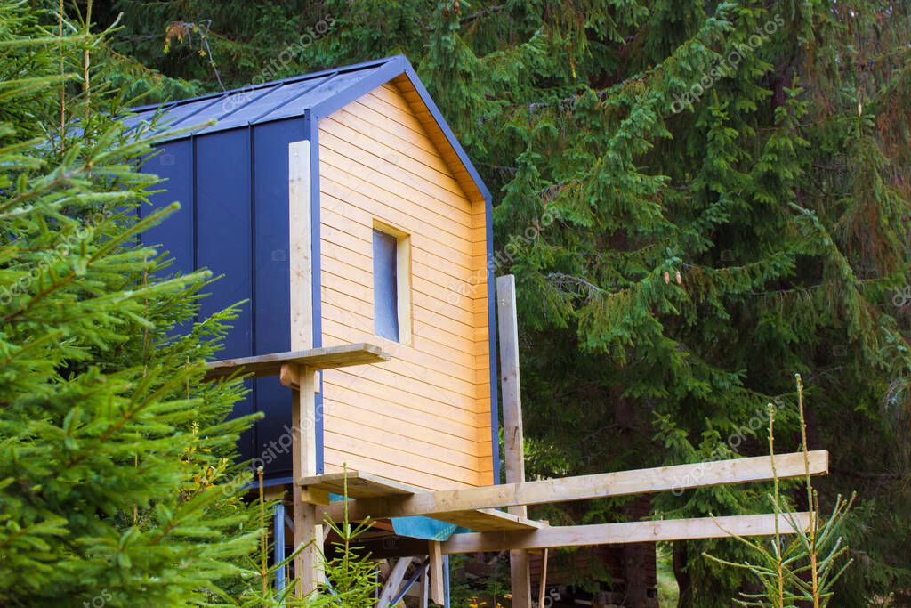 Современный коттедж в сосновом лесу среди вечнозеленых деревьев в дневное время. Современное здание строителя из сэндвич-панелей в зеленом лесу. Новый модульный внешний вид жилого дома. Модульная архитектура