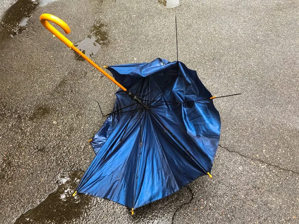 Un paraguas negro con radios rotos yace en un charco. Tiempo tormentoso, viento, lluvia — Foto de Stock