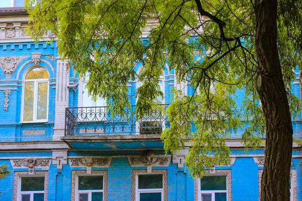 오래 된 아파트 빈티지 하우스 정면의 파란 건물 벽에 흰 아치 창 이 있다. 고전적 인 도시 건축. 따사 로운 햇볕이나 봄날 싱싱 한 푸른 잎이 달린 아카시아 나무 여름. — 스톡 사진