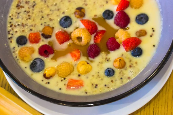 Porridge Quinoa Coconut Milk Honey Fresh Fruit Berries Top View — Stock Photo, Image