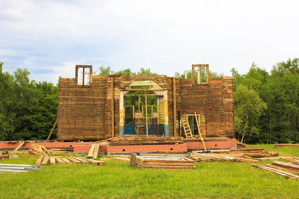 Construction Une Maison Bois Résidentielle Façade Bâtiment Inachevé Sans Toit — Photo