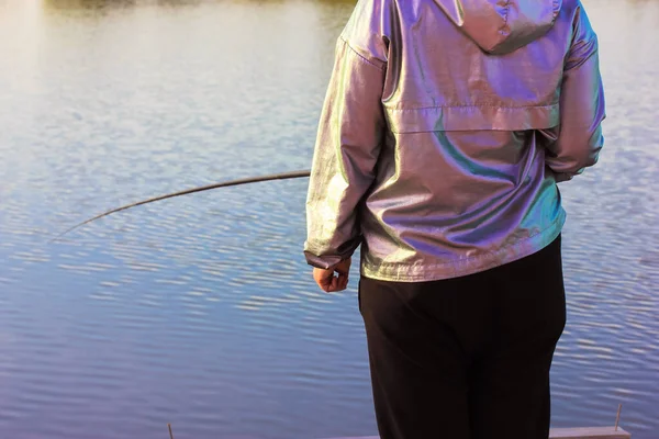Fisherwoman Yellow Fishing Rod Pond River Lake Sunny Spring Day — Stock Fotó