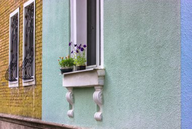Mimari detaylar, dekorasyon, dış cephe çerçeve penceresi. Baharda. Çiçek saksıları pencere eşiğinde duruyor. Avrupa caddesindeki bir apartmanın duvar cephesi. Eski bir vintage bina penceresi.