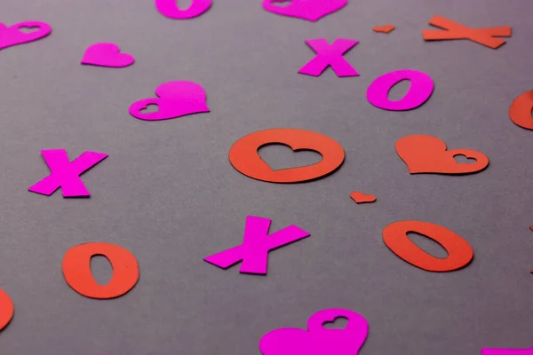 Rood Roze Decoratieve Harten Bovenaanzicht Plat Lay Helder Glimmend Confetti — Stockfoto