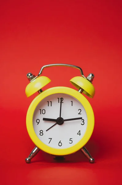 Bright Yellow Retro Alarm Clock Isolated Paper Red Background Time — Stock Photo, Image