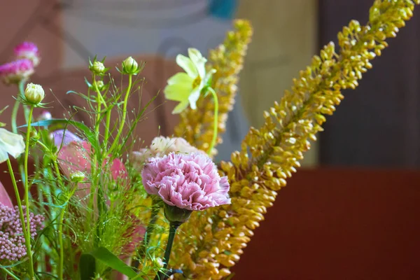 Belo Buquê Flores Diferentes Incluindo Cravos Rosa Com Espaço Para — Fotografia de Stock