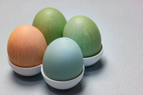 Four Easter Eggs Standing Egg Tray Table Light Blue Grey — Stock Photo, Image