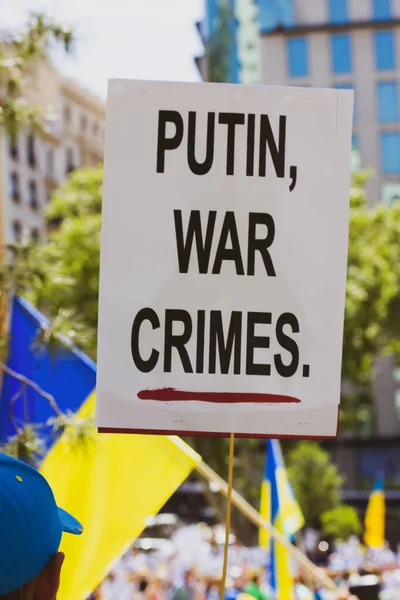 White Poster Slogan Putin War Crimes Hands Protester Rally Support — Fotografia de Stock