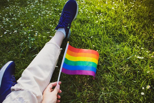 Lgbt Flag Rainbow Colors Female Hand Top View Lesbian Bisexual — Stock Fotó