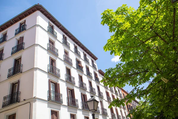 西班牙马德里 2022年5月9日 古色古香 保存完好 风格典雅的白色住宅建筑 以蓝天和绿叶为背景的五层房子 城市场景 — 图库照片