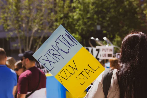 Madrid Spain May 2022 Woman Holding Yellow Blue Placard Text — Stock Photo, Image