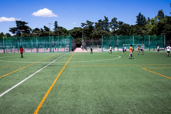 スペインのマドリード 2022年6月1日 緑の芝生のサッカー場 サッカーをするサッカー選手のためのマーキング 選手権前のトレーニング 夏の晴れた日にスタジアムで選手 スポーツ競技場 — ストック写真