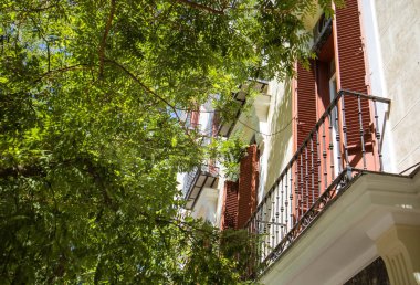 Madrid, İspanya. 1 Haziran 2022. Yazın yeşil ağaçlara gömülü güzel balkonlu tipik İspanyol eski evi cephesi. Klasik mimari. Pencere ahşap panjurlar, metal parmaklıklı balkon..