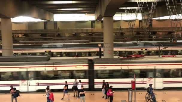 스페인 마드리드 2022 철도역 사람들은 열차가 이동하고 여행하기를 기다리며 플랫폼에 — 비디오