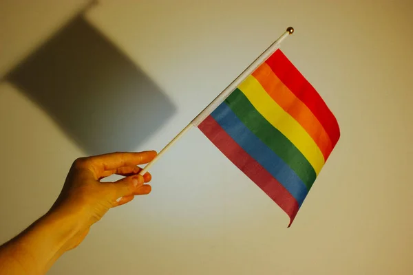 Beyaz Duvara Karşı Kadının Elindeki Gökkuşağı Lgbt Bayrağı Haziran Gurur — Stok fotoğraf