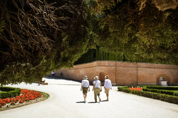 Gente Caminando Parque Ciudad Verano Tres Ancianas Jubiladas Con Sombreros —  Fotos de Stock