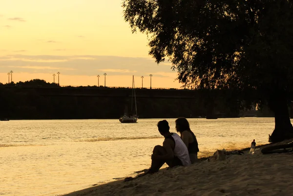 Silhouette Young Couple Love Sitting Riverbank Tree Summer Sunset Romantic — Fotografia de Stock