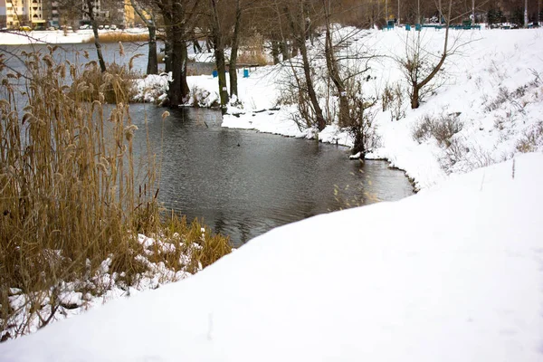 Hermoso Paisaje Invernal Una Orilla Lago Río Con Agua Descongelada — Foto de Stock