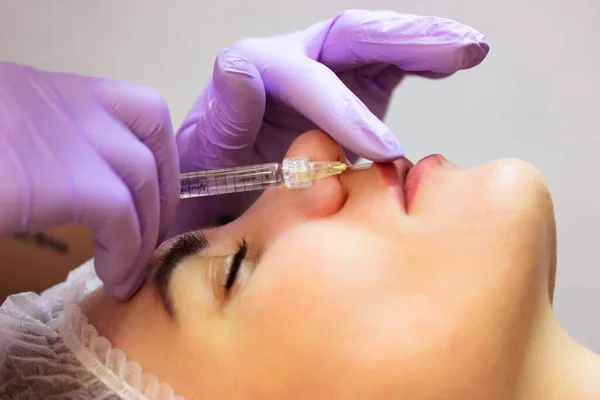 Lip Augmentation Procedure Patient Woman Getting Filler Botox Injection Beautician — Photo