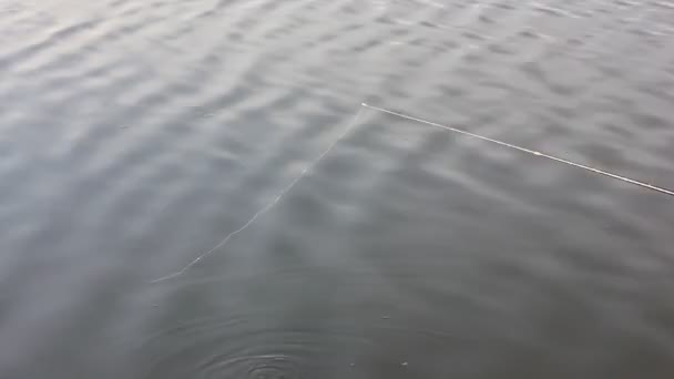 Рыбацкая Удочка Леской Идущей Водой Ловить Рыбу Водохранилище Реке Море — стоковое видео