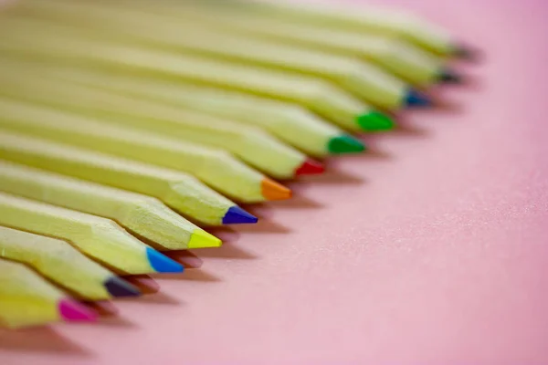 Multicolored Wooden Pencil Rods Macro Photo Pink Table Background Tools — Fotografia de Stock