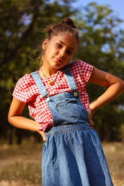 Flirty Swarthy Tan Teenage Girl Mixed Race Denim Sundress Plaid — 스톡 사진