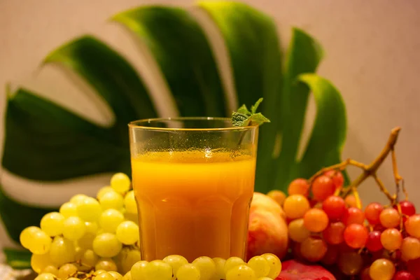 A glass of freshly squeezed fruit orange or multi fruit juice among bunches of grapes against tropical palm leaf Monster plant background. Exotic fruit on a plate. A delicious healthy smoothie drink.