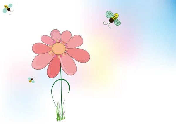 La flor del vector, la abeja y la hierba — Vector de stock