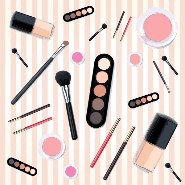 Isolated beautiful cosmetics and brushes for women