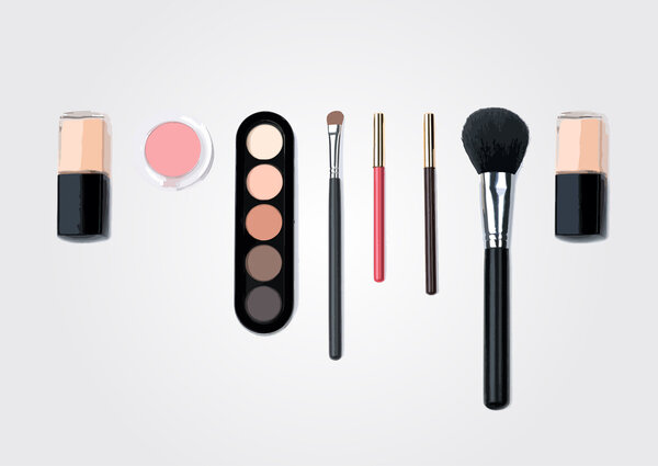 Isolated beautiful cosmetics and brushes for women