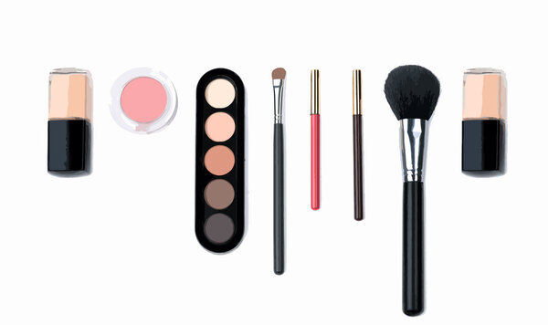 Isolated beautiful cosmetics and brushes for women