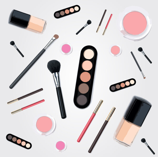 Isolated beautiful cosmetics and brushes for women