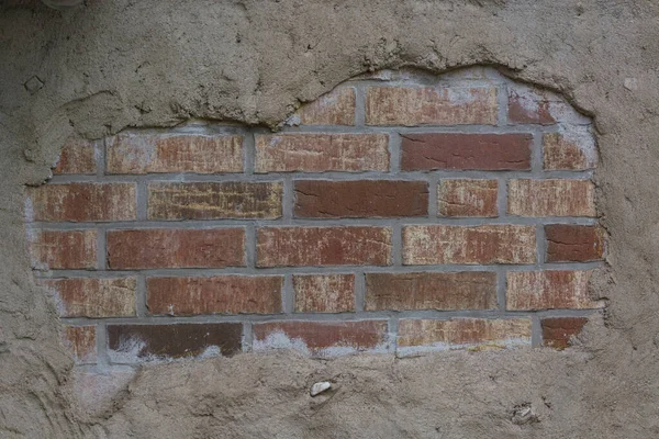 Gammal Tegelvägg Bakgrundsbild Plasterad Tegelvägg Med Flisade Stucco Bitar Röd — Stockfoto