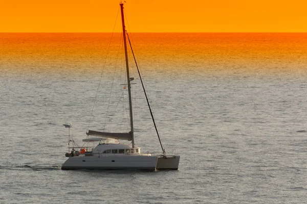 Σκάφος Καταμαράν Στην Τροπική Θάλασσα Ηλιοβασίλεμα Yachting Πολυτελές Ιστιοπλοϊκό Θέμα — Φωτογραφία Αρχείου