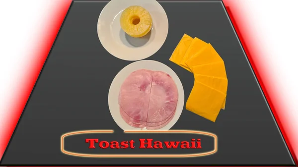 ハワイのトーストとハム チーズ パイナップル暗い背景のまな板の上に水平方向 — ストック写真