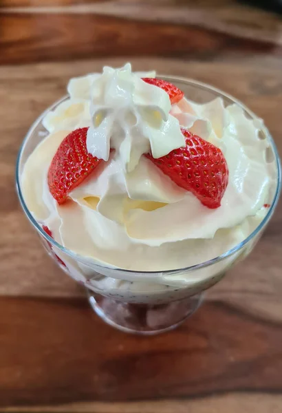 Homemade Strawberry Ice Cream Made Fresh Berries Basil Glass Bowl — Photo