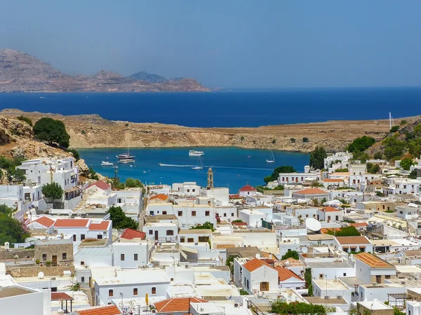 ロードス島 - ギリシャ。リンドスの美しい湾を見る ストック画像