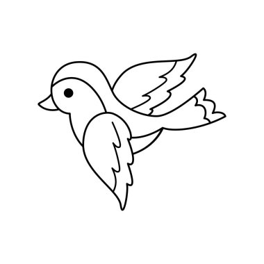 Siyah beyaz bir kuş çizimi. Uçan bir civciv. Renklendirme, yazdırma, logo, simgeler, çıkartmalar ve herhangi bir tasarım için karikatür biçiminde vektör çizimi