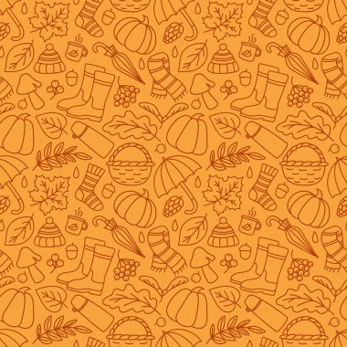 Sonbahar karalamalarıyla kusursuz desen. Düşen yaprakların, balkabaklarının, mantarların, lastik botların, sepetin ve mevsimsel doğal dekor için kahverengi çizimlerle dolu meşe palamudu arka planının birleşik görüntüsü. Vektör sonbahar süsü