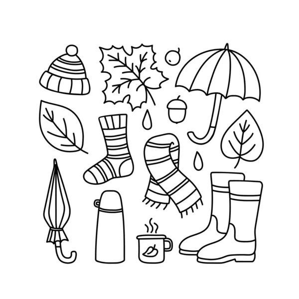 Ensemble Dessins Automne Image Contour Parapluie Feuilles Érable Tombées Thermos — Image vectorielle