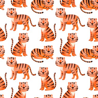 Beyaz arka planda kaplan. 2022 yılının sembolü olan kusursuz desen. Hayvan şeklinde suluboya süslemeli bir arka plan. Çizgi film tarzında şirin bir kaplan yatar, durur, oturur.