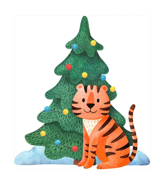 Tigre Com Uma Árvore Natal Cartão Ano Novo 2022 Desenhos — Fotografia de Stock