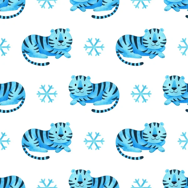 Niebieski Tygrys Płatkami Śniegu Białym Tle Płynny Wzór Symbolem Nowego — Zdjęcie stockowe