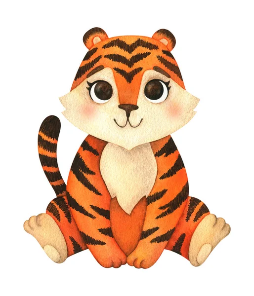 Lindo Cachorro Tigre Sienta Clipart Ilustración Acuarela Animal Dibujos Animados — Foto de Stock