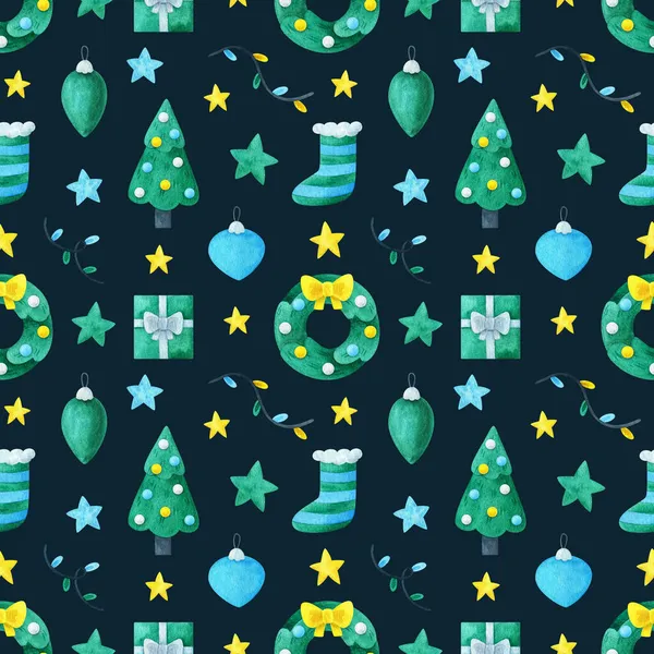 新年のデザインでシームレスなパターン クリスマスツリー ガーランド 暗い背景のボール 水彩のお祝いの飾り クリスマスイラストでかわいいプリント — ストック写真