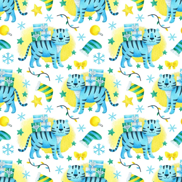 Bezproblémový Novoroční Vzor Modrým Tygrem Dárky Slavnostní Ornament 2022 Akvarelovými — Stock fotografie