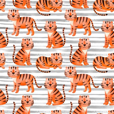 Kaplanlarda kusursuz desen. Gri çizgili beyaz arka planda 2022 yılının süsü. Bir çizgi film hayvanının suluboya çizimi. Hediye paketi, duvar kağıdı, kağıt, kumaş baskısı