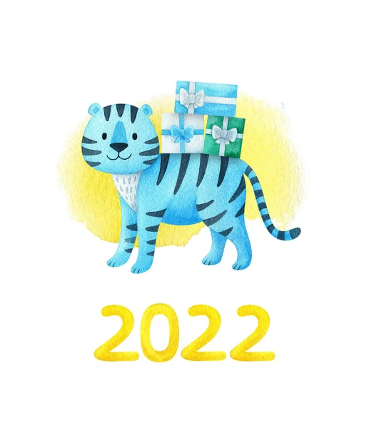 Blauer Tiger Mit Weihnachtsgeschenken Neujahrskarte Mit Der Zusammensetzung 2022 Zeichnungen — Stockfoto